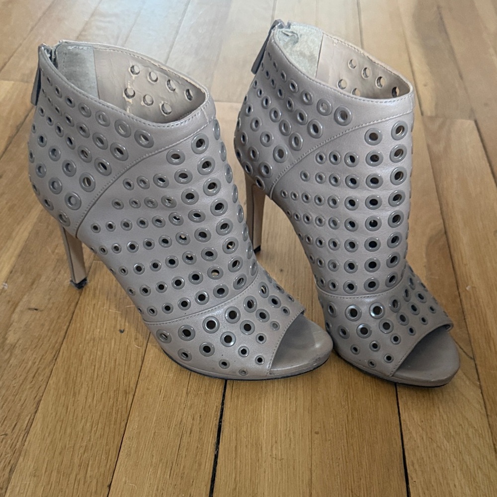 Stylish Gray/Tan Peep-Toe Ankle Booties